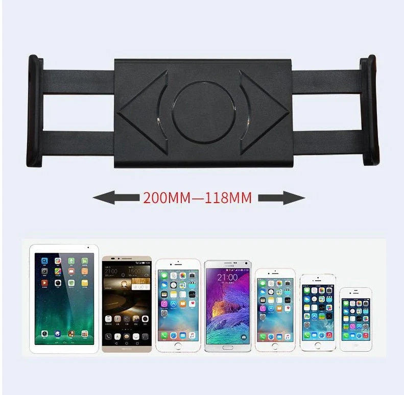 Adjustable car headrest mount for holding smartphones and tablets, with 360-degree swivel and telescopic arm for optimal viewing