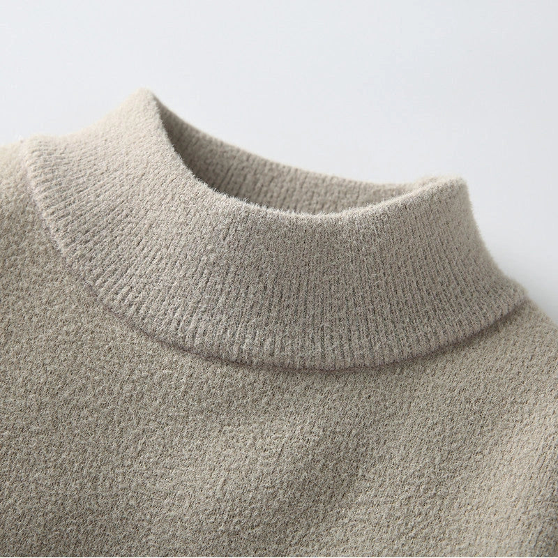 Men's mock neck velvet knit pullover in dark grey, black, and apricot