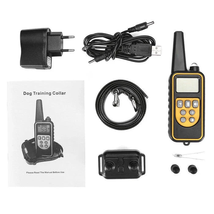 Remote-controlled anti-bark dog training collar with adjustable settings and 800-yard range