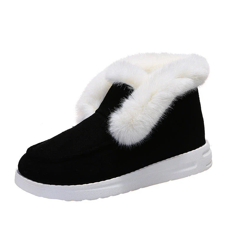 Warm plush ankle boots with suede uppers and artificial fur lining, available in black, grey, and brown colors.