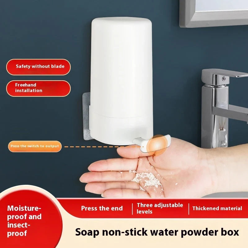 Wall-mounted soap grinder dispenser with adjustable powder output in white