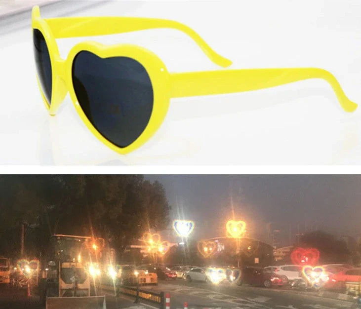 Stylish heart-shaped sunglasses with unique lens design that transforms light into enchanting special effects