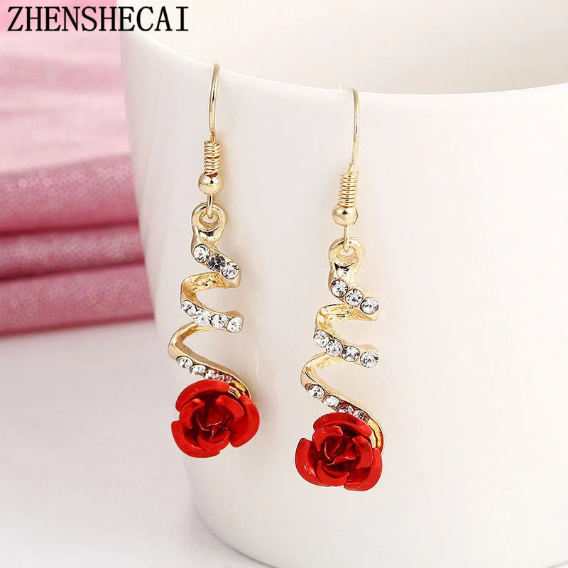 Ethnic Red Rose Drop Earrings with rhinestones for women, golden color, elegant design