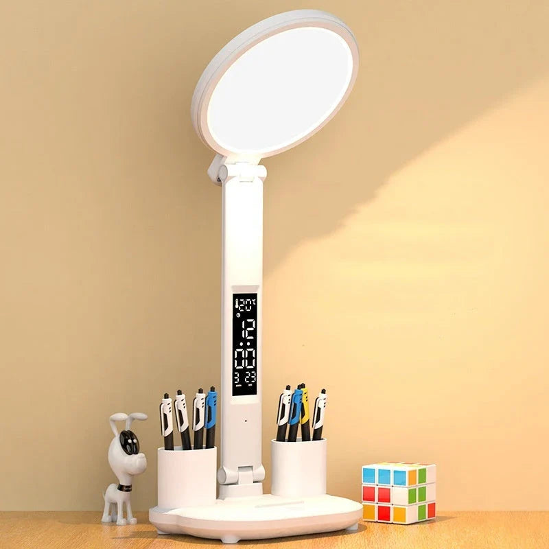 Versatile USB charging table lamp with LED clock, dimmable lighting, and detachable fan for workspace convenience and comfort