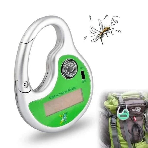 A compact, solar-powered ultrasonic mosquito repellent device with a green housing and solar panel