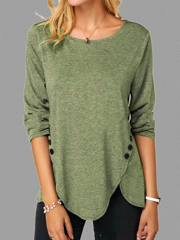 Oversized cotton t-shirt with irregular button hem in black, green, and blue colors