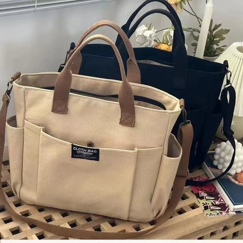 Stylish Spacious Canvas Shoulder Bag for daily commute in khaki, black, beige, and black corduroy style