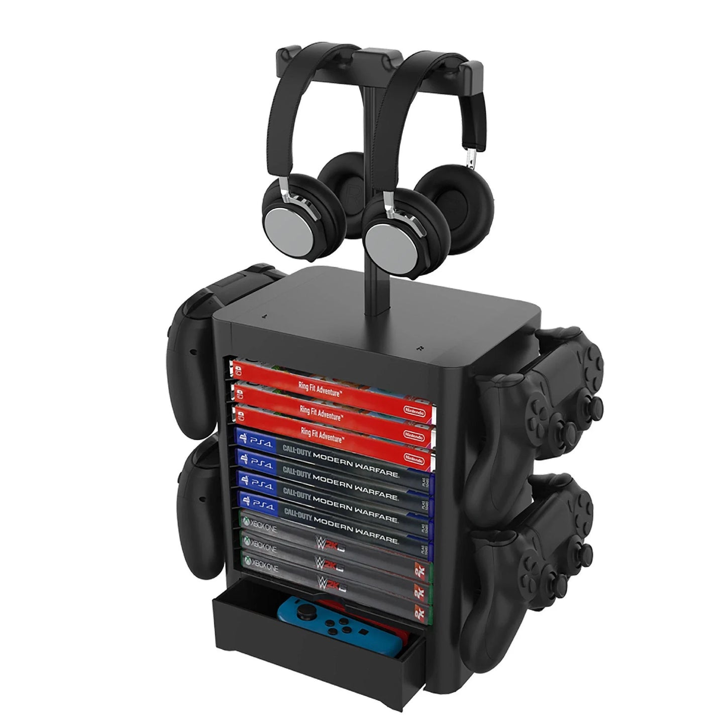 Premium gaming accessory stand with multiple storage compartments for headphones, controllers, and other console essentials