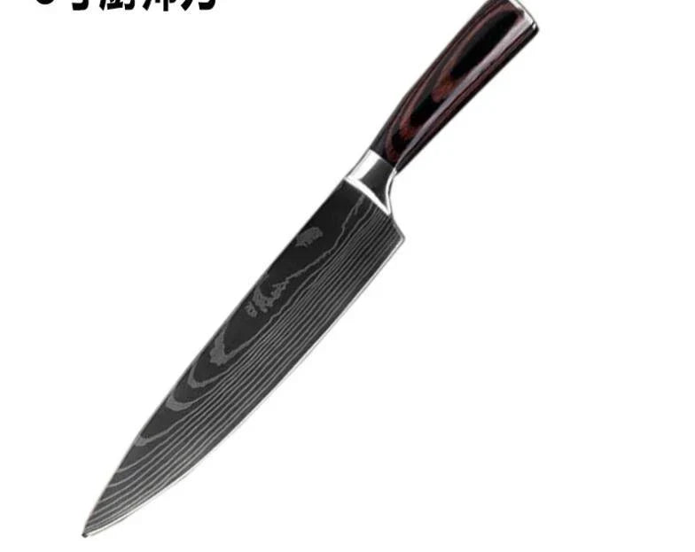 Premium 8-Piece Damascus Steel Kitchen Knife Set with Razor-Sharp Blades and Ergonomic Wooden Handles