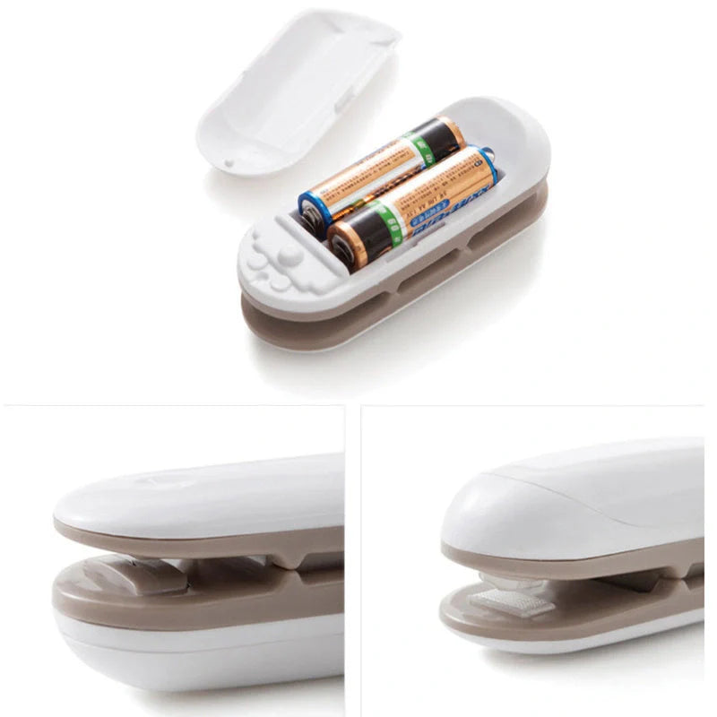 Mini Sealer Portable Heat Sealer in grey and brown for sealing snack bags and plastic packaging