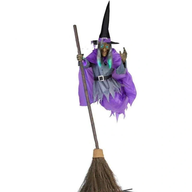 Captivating 6-foot-tall floating witch decoration with lifelike face and dramatic purple skirt, perfect for spooky Halloween displays