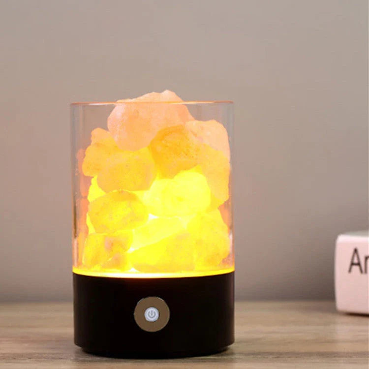 Himalayan salt lamp with warm, amber glow and adjustable lighting settings