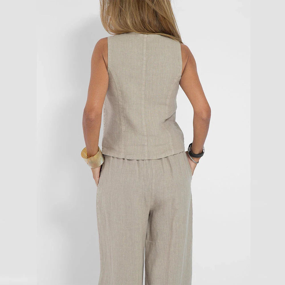 Sleeveless top and straight-leg trousers set in various colors, including apricot, olive green, black, and white.