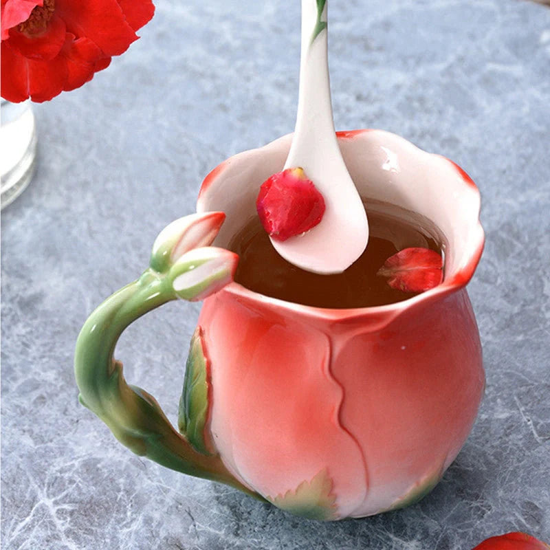 Hand-painted rose ceramic coffee mug with spoon, 320ml capacity