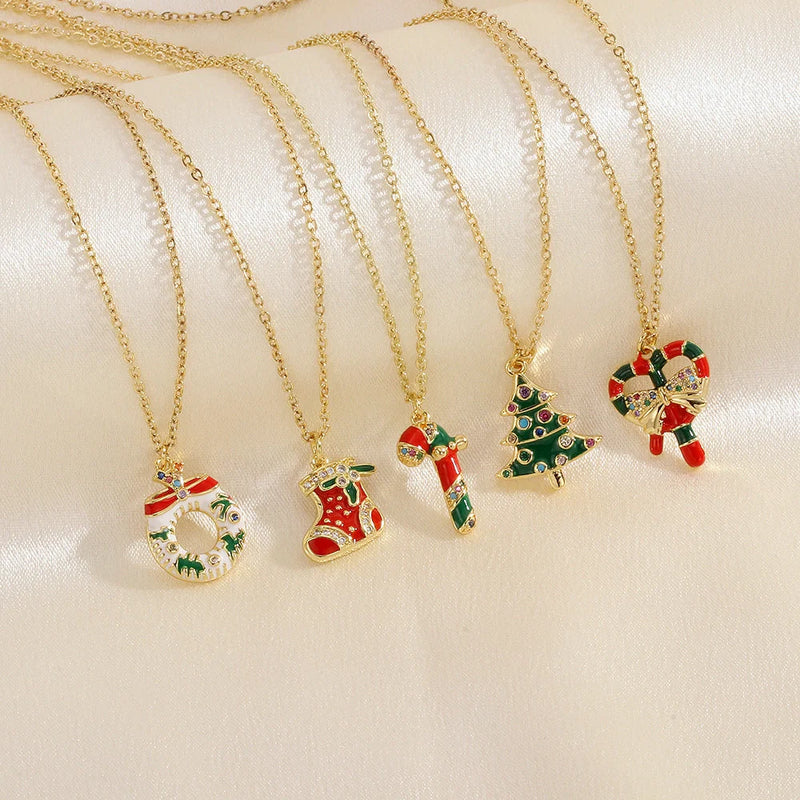 GiftHomen UK Festive Christmas-themed necklace with coloured rhinestones and oil-drop pendant