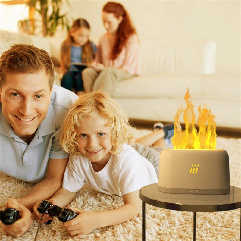 Elegant aroma diffuser and ultrasonic humidifier with mesmerising LED flame-like effects, ideal for modern British homes