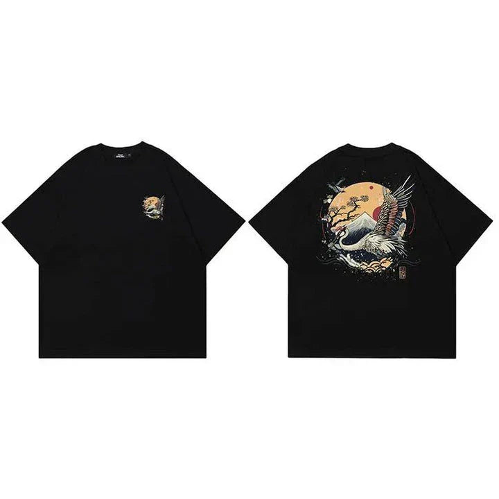 Harajuku Crane Graphic Unisex T-Shirt in white, featuring a bold crane print design
