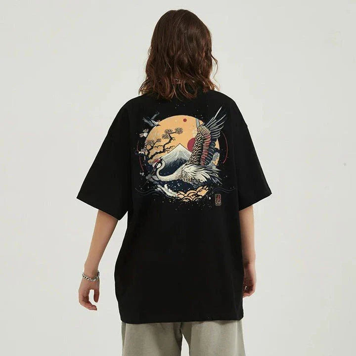 Harajuku Crane Graphic Unisex T-Shirt in white, featuring a bold crane print design