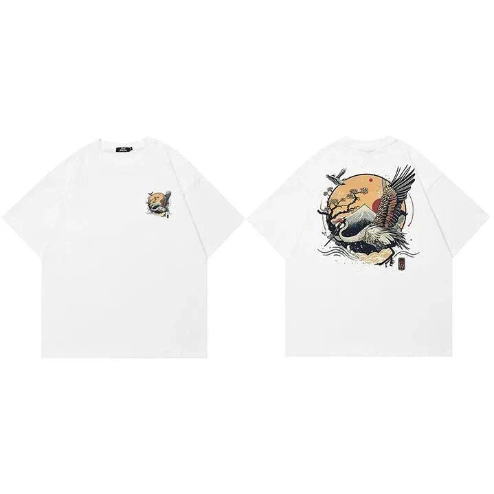 Harajuku Crane Graphic Unisex T-Shirt in white, featuring a bold crane print design