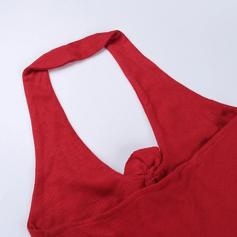 Flower Halter Knitted Vest Top in red, featuring a 3D stereo pattern and halter neckline