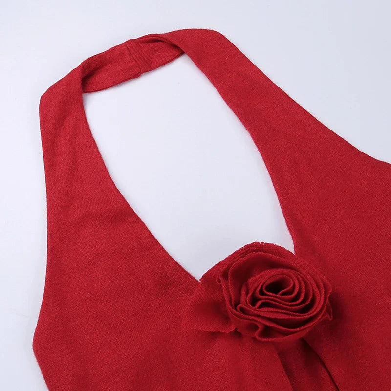 Flower Halter Knitted Vest Top in red, featuring a 3D stereo pattern and halter neckline