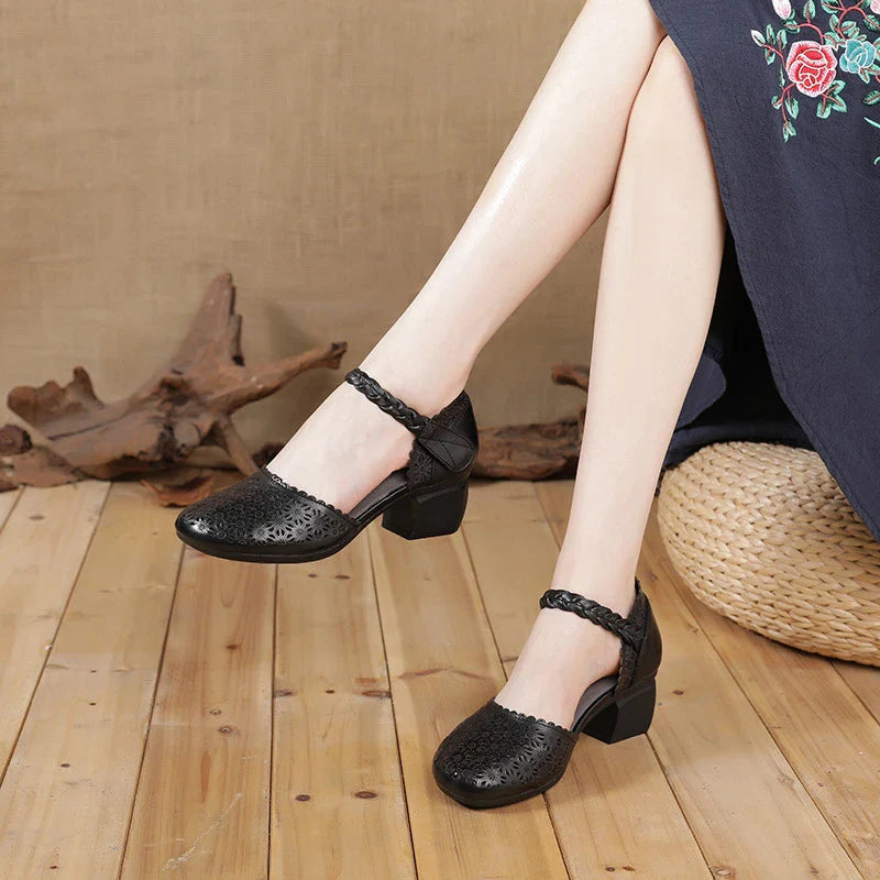 Premium cowhide leather sandals with thick heel and hollow toe design, perfect for Mori Girl-inspired fashion