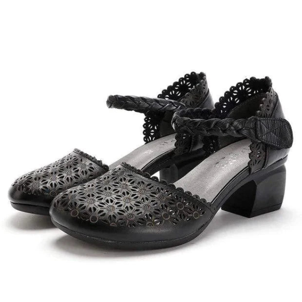 Premium cowhide leather sandals with thick heel and hollow toe design, perfect for Mori Girl-inspired fashion