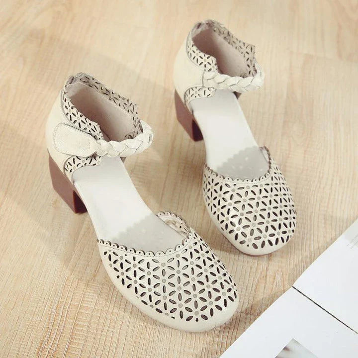 Premium cowhide leather sandals with thick heel and hollow toe design, perfect for Mori Girl-inspired fashion