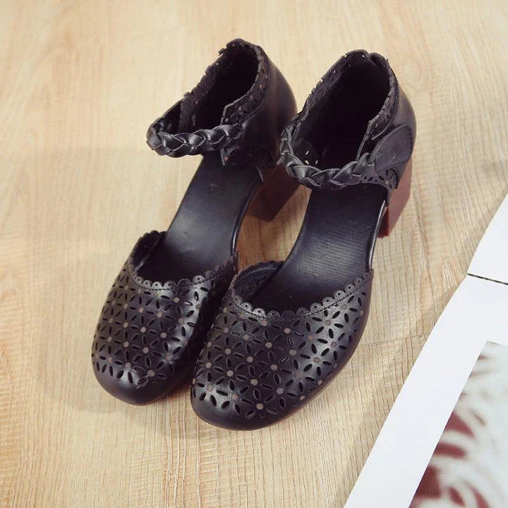 Premium cowhide leather sandals with thick heel and hollow toe design, perfect for Mori Girl-inspired fashion