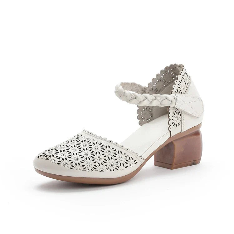 Premium cowhide leather sandals with thick heel and hollow toe design, perfect for Mori Girl-inspired fashion