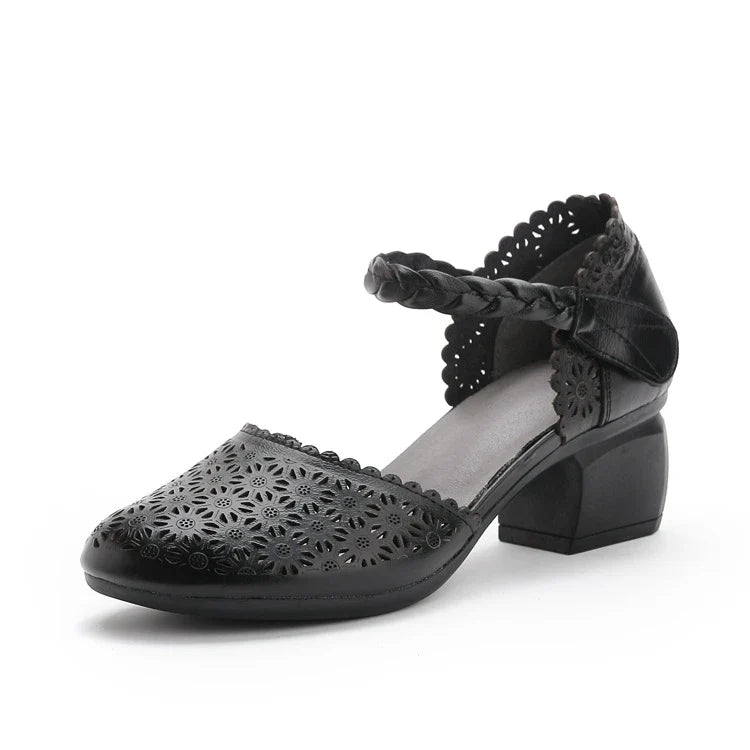 Premium cowhide leather sandals with thick heel and hollow toe design, perfect for Mori Girl-inspired fashion