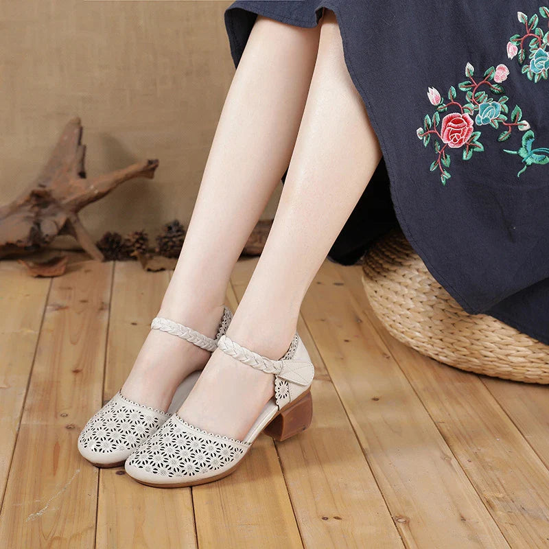Premium cowhide leather sandals with thick heel and hollow toe design, perfect for Mori Girl-inspired fashion
