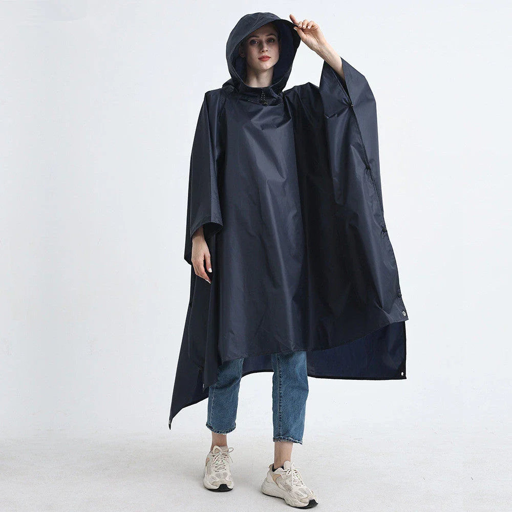 A durable and versatile rain poncho that transforms into a camping mat or cycling cover, perfect for outdoor adventures.