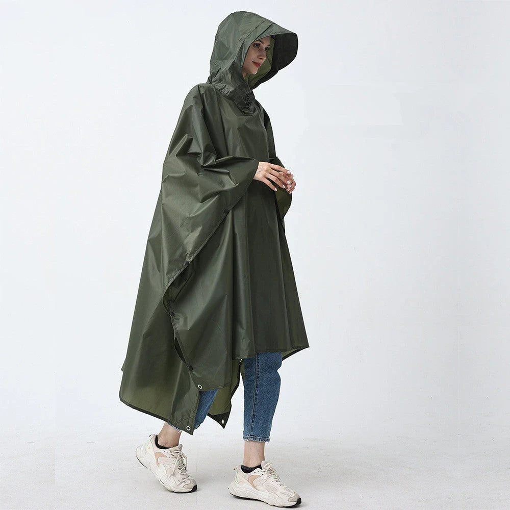 A durable and versatile rain poncho that transforms into a camping mat or cycling cover, perfect for outdoor adventures.