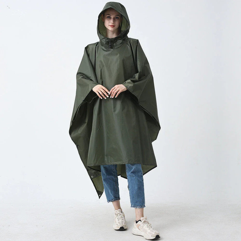 A durable and versatile rain poncho that transforms into a camping mat or cycling cover, perfect for outdoor adventures.