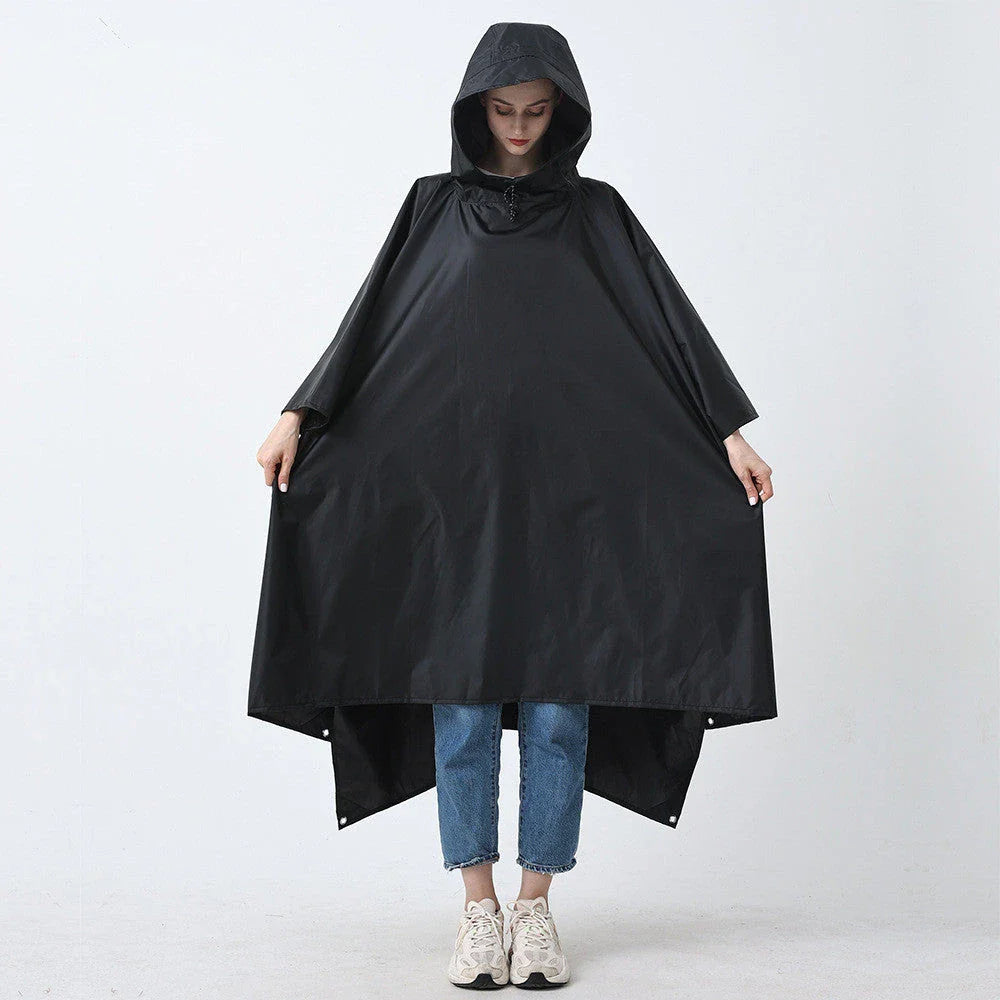 A durable and versatile rain poncho that transforms into a camping mat or cycling cover, perfect for outdoor adventures.