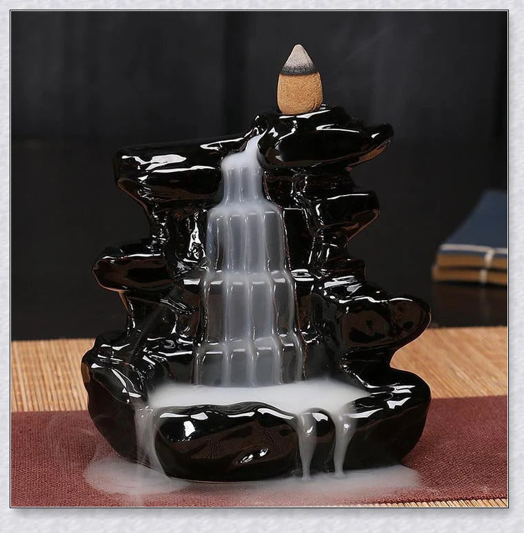 Ceramic multi-layer waterfall aromatherapy incense burner with smoky backflow effect and 20 assorted fragrant incense cones
