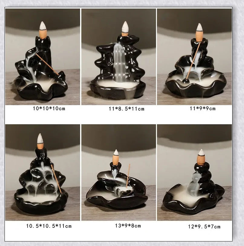 Ceramic multi-layer waterfall aromatherapy incense burner with smoky backflow effect and 20 assorted fragrant incense cones