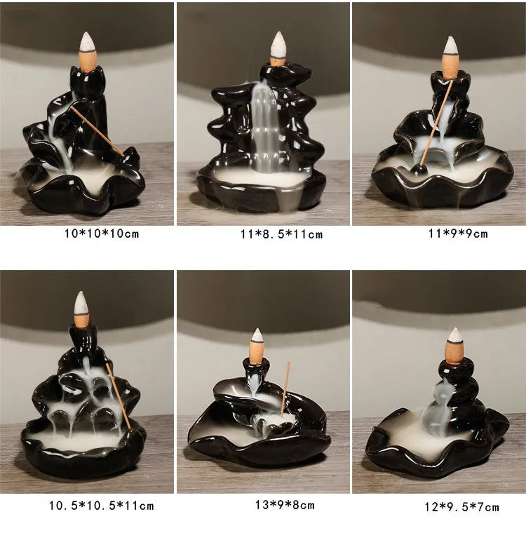 Ceramic multi-layer waterfall aromatherapy incense burner with smoky backflow effect and 20 assorted fragrant incense cones