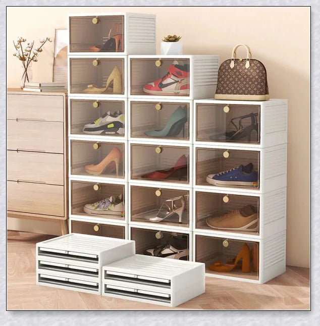 Clear plastic folding shoe storage box with transparent door panel, ideal for organising shoes, clothes, and kitchen items in modern homes.