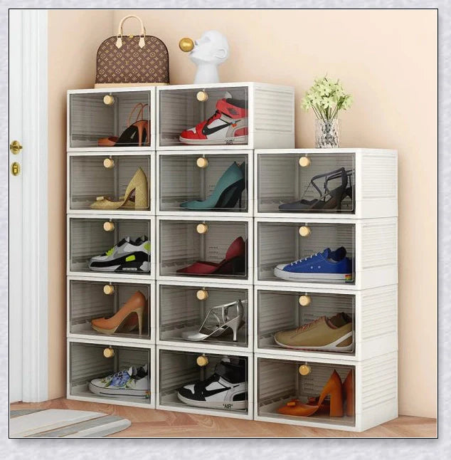 Clear plastic folding shoe storage box with transparent door panel, ideal for organising shoes, clothes, and kitchen items in modern homes.