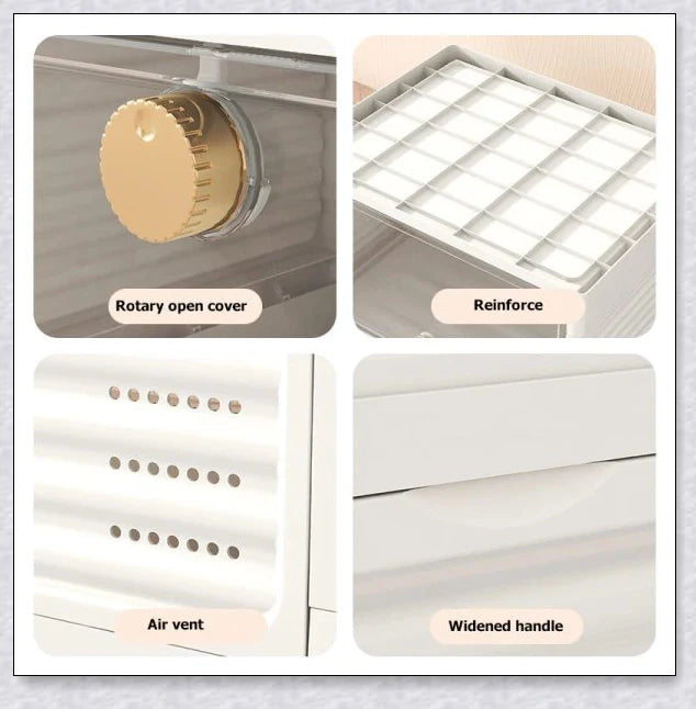 Clear plastic folding shoe storage box with transparent door panel, ideal for organising shoes, clothes, and kitchen items in modern homes.