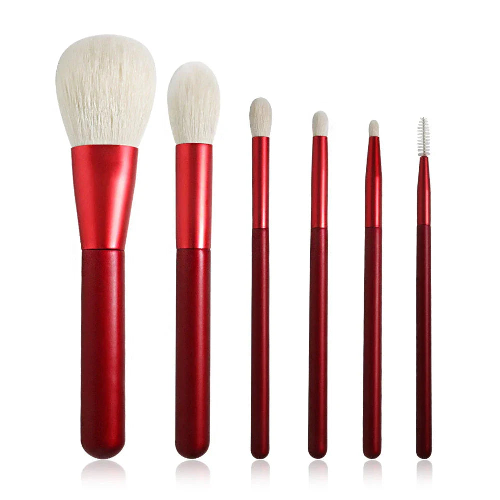 High quality 6-piece natural goat hair makeup brush set with stylish red wood handles and carrying pouch