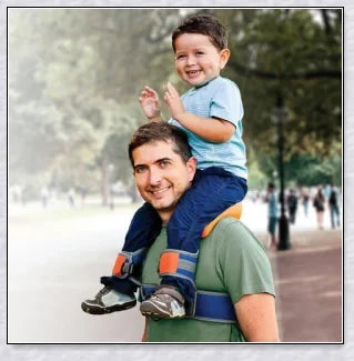 A parent carrying their child hands-free using the Hands-Free Shoulder Carrier, a versatile and comfortable child-carrying accessory.