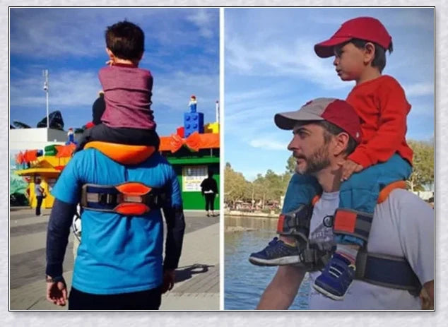 A parent carrying their child hands-free using the Hands-Free Shoulder Carrier, a versatile and comfortable child-carrying accessory.