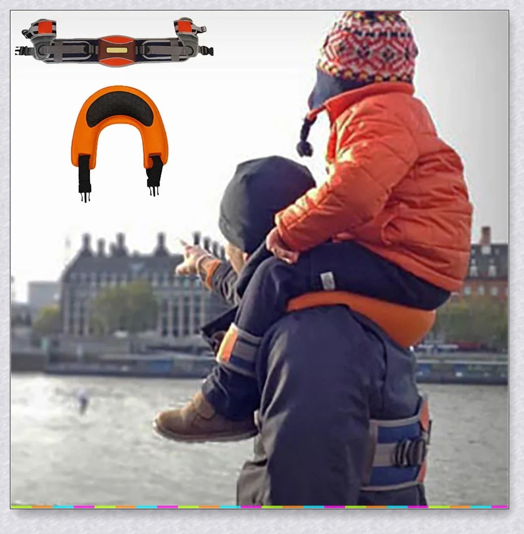 A parent carrying their child hands-free using the Hands-Free Shoulder Carrier, a versatile and comfortable child-carrying accessory.