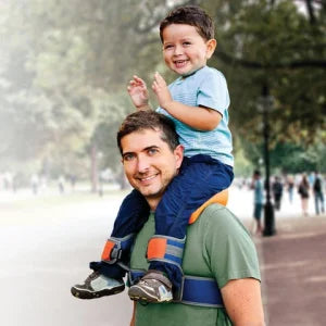 A parent carrying their child hands-free using the Hands-Free Shoulder Carrier, a versatile and comfortable child-carrying accessory.