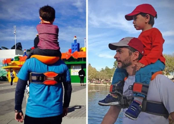 A parent carrying their child hands-free using the Hands-Free Shoulder Carrier, a versatile and comfortable child-carrying accessory.