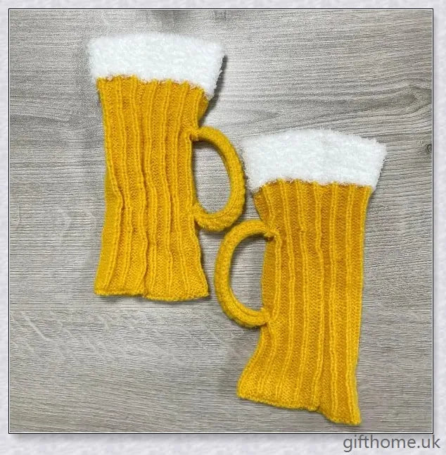 Vibrant yellow 3D beer stein patterned mid-calf socks made from soft, warm polyester