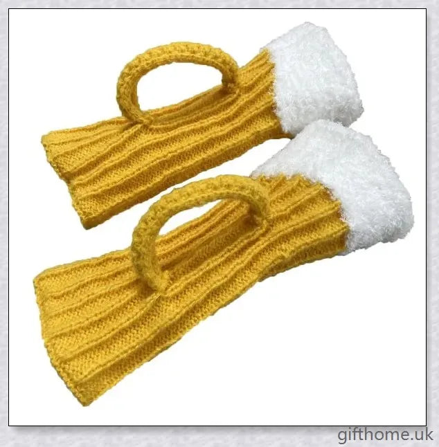 Vibrant yellow 3D beer stein patterned mid-calf socks made from soft, warm polyester